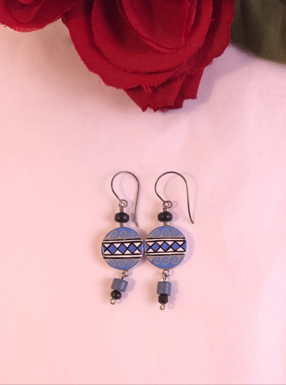 Handmade Blue & Silvee South Western Style Dangle Earrings Hand Painted Sterling